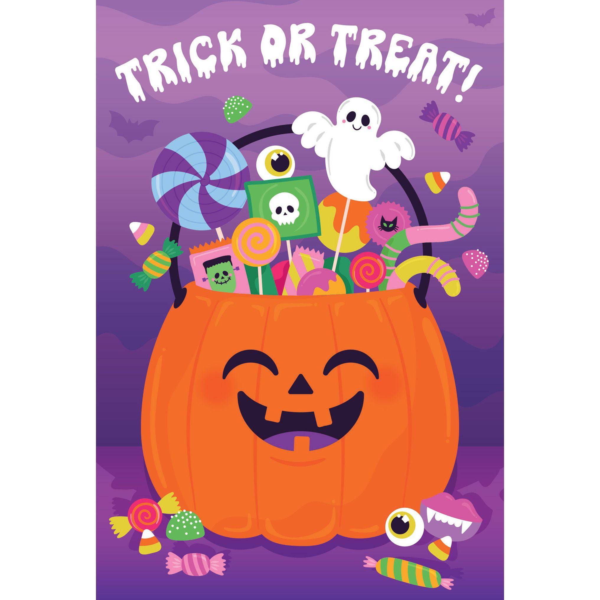 Vintage Pictura Halloween Candy Bucket Counter Card featuring spooky ghost and pumpkin design for Halloween decor.